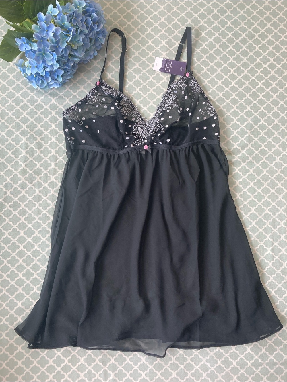 NWT Cacique Embroidered Dot Babydoll and Panty Set 14/16 Black White